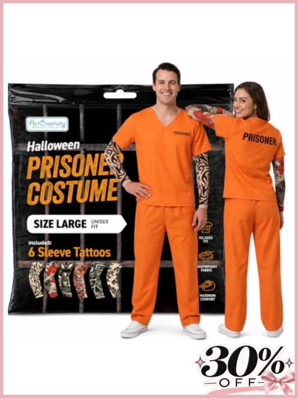 Adult Prisoner Costume Set with Tattoo Sleeves Halloween Cosplay Outfit